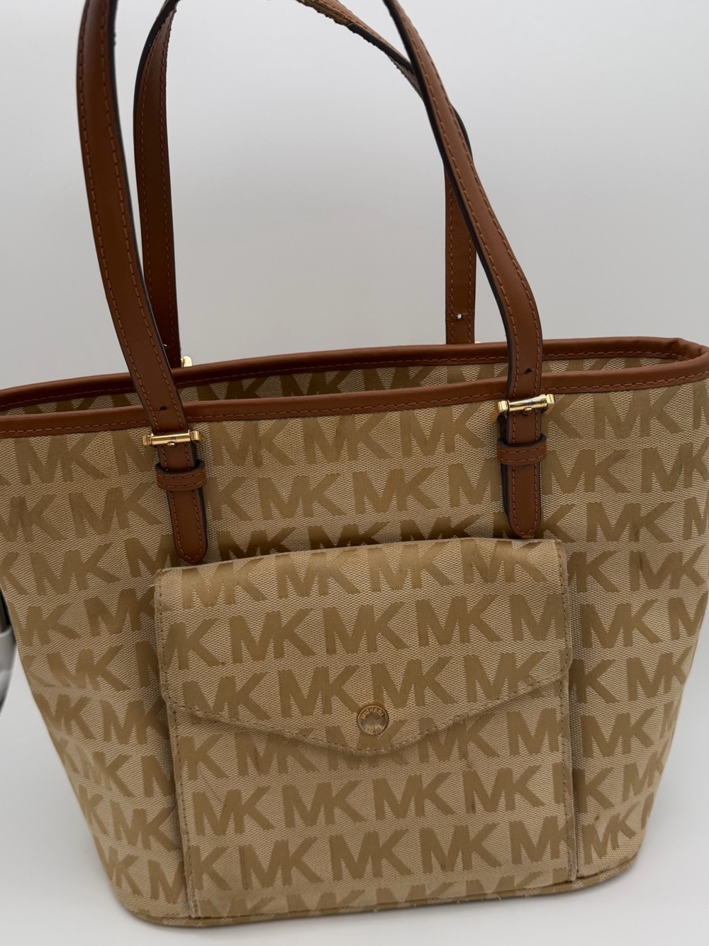Michael Kors Beige/Tan MK Logo Tote with Front Pocket used condition!! - Picture 2 of 12